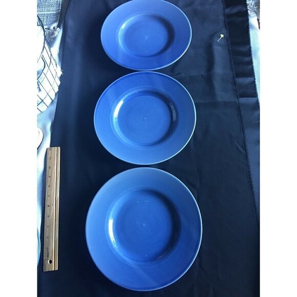 PIER 1 Dinner Plates Hand Painted Blue Swirl Spiral Vintage RARE SET OF 3 - Picture 2 of 4